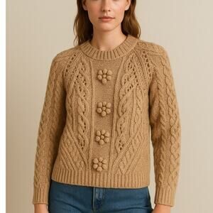 J Crew Cable Knit Pointelle Sweater with Popcorn Flowers